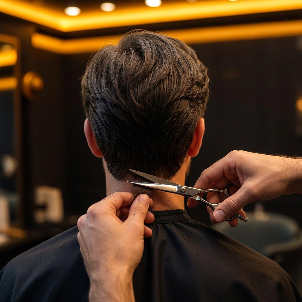 Classic scissor haircut with full even coverage, no fade