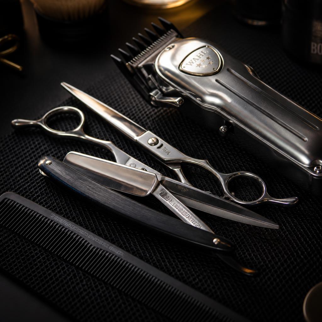 Premium barber tools on a black mat