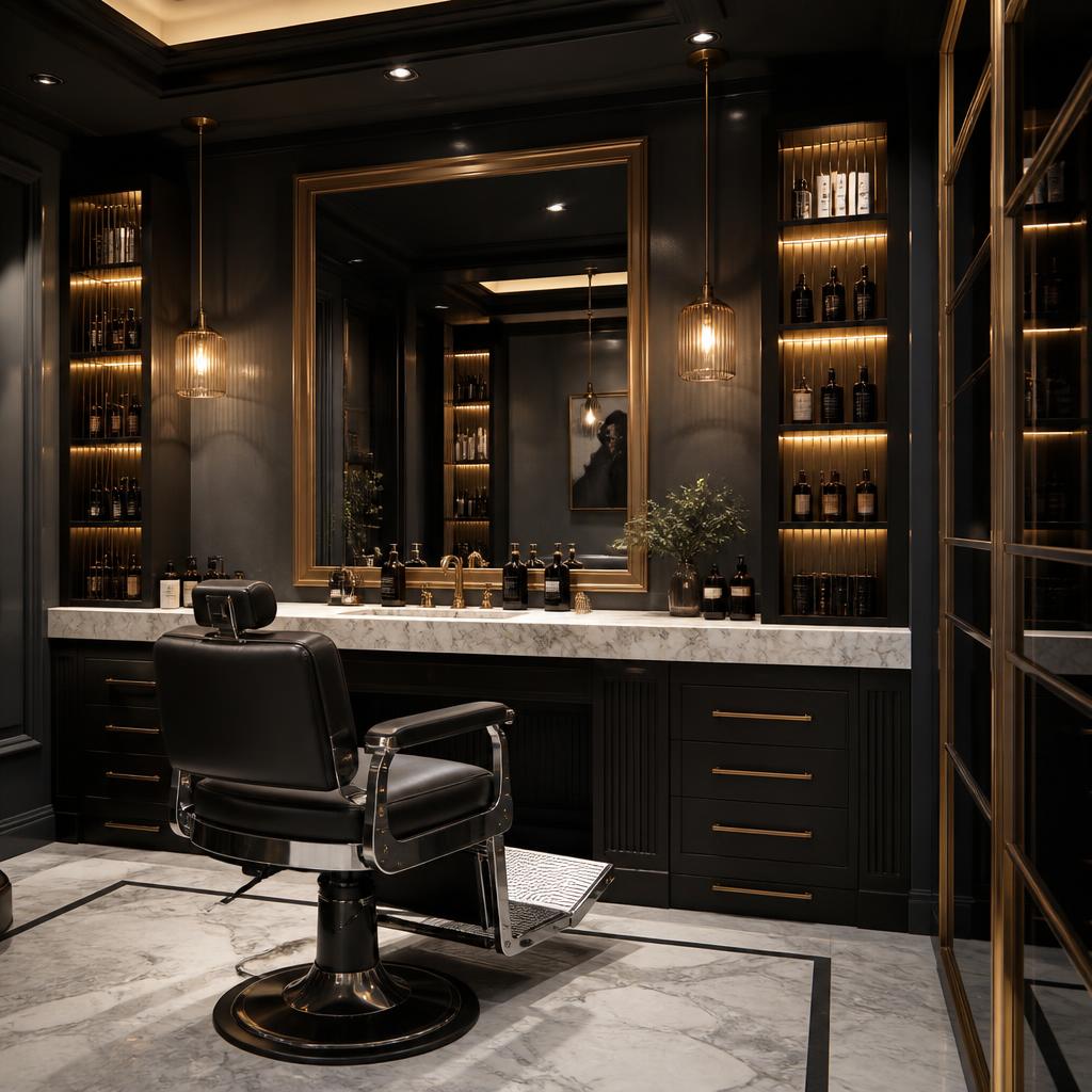 Luxury barber chair and mirror station