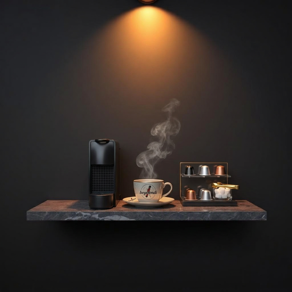 Customer coffee station with capsule machine and Beyefendi branded cup